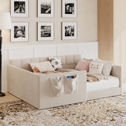 Full Size Daybed Velvet Upholstered Sofa Bed with High Side Panels and Side Entrance, Space-Saving Guest Bed with Storage Pockets, Beige