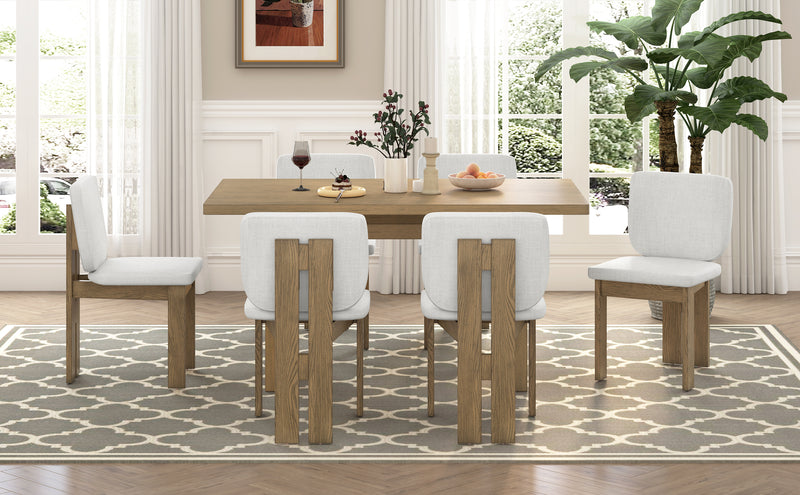 TREXM 7-Piece Retro Dining Table Set for 6, 60' Wood Dining Table Set for 6 with Upholstered Chairs and Designed Trestle Base for kitchen & Dining Room (Natural Wood Wash)