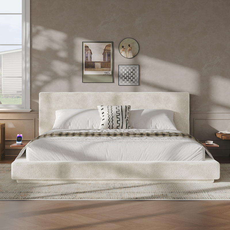 AirFrame King Bed Frame with Adjustable Sliding Side Table Visual Floating Effect, 8.7'' Cloud Upholstered Sponge Cushion, Easy Assembly (Off-White).