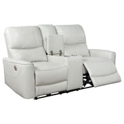 Denson Dove Grey Upholstered Power Reclining Loveseat with Console and USB Port