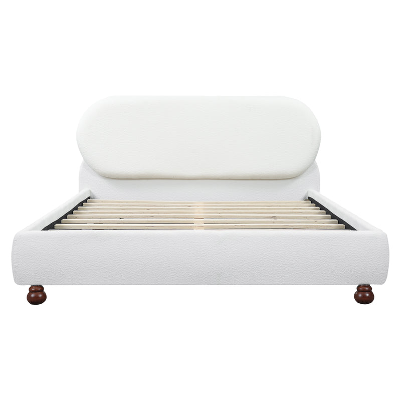 Cream-colored Boucle Upholstered Bed with Rubber Wood Foot ,Queen