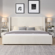 Elegant White Fabric Upholstered Bed with Tall Headboard, White, KING