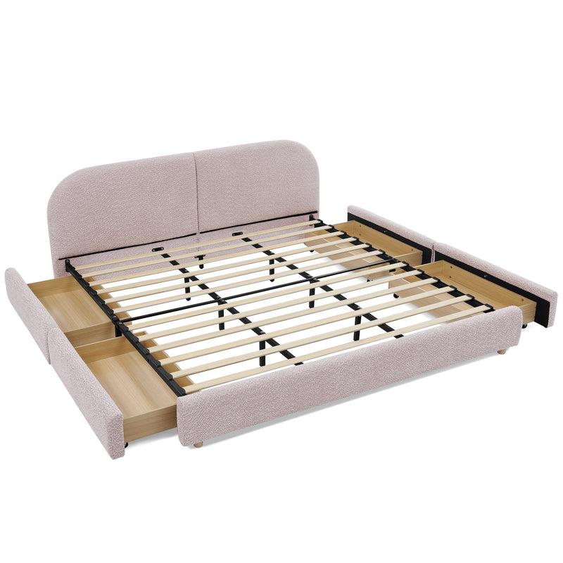 King Size Upholstered Bed Frame Modern Minimalist Style - Circle Yarn Fabric, Tall Curved Headboard, Sturdy Leg Support & Wheeled Drawer Storage, Mattress Not Included - Pink