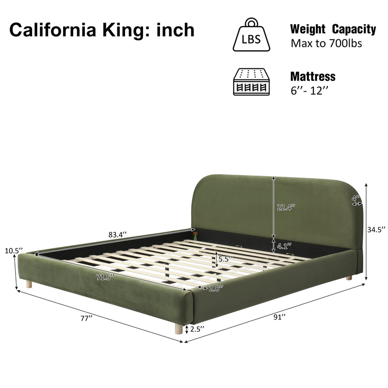 California King Size Upholstered Bed Frame With Velvet Fabric And Curve Design Thick Headboard, Solid Wood Legs, Olive Green (old sku N757P411871V)