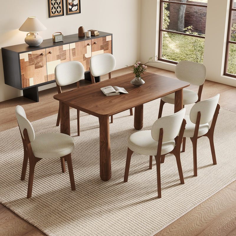 63' Solid Wood Dining Table Set with 4 Upholstered Chairs, Farmhouse Dinner Table Set of 5 Piece with Walnut Finish & Beige Chenille Seats, Heavy-Duty Support up to 1000 lbs, Easy Assembly
