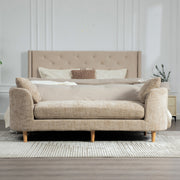 Wide Modern Upholstered End of Bed Bench with Armrests, Chenille Chaise Lounge Couch with 2 Bolster Pillows, Daybed with Rubberwood Legs For Living Room,Bedroom,Apartment,Guestroom,WHEAT