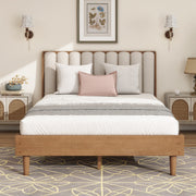 Queen Size Wood Bed with Piano Key Style Upholstered Headboard , Wood Bed with Strengthened Bed Frame ,Wheat (old sku:W504S00257)