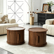4Piece Round Coffee Table Set, Modern Nesting Side Tables with Sliding Door Storage, Walnut Finish Sofa End Table & Bedside Nightstand for Living Room & Bedroom, Fluted Roman Column Design Accent Tab