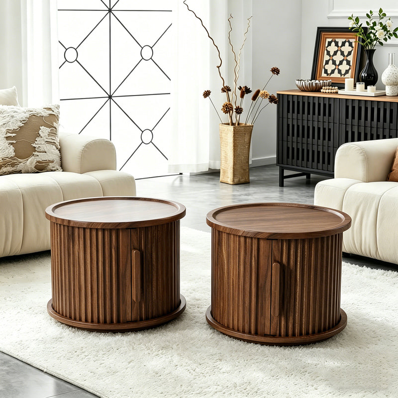 4Piece Round Coffee Table Set, Modern Nesting Side Tables with Sliding Door Storage, Walnut Finish Sofa End Table & Bedside Nightstand for Living Room & Bedroom, Fluted Roman Column Design Accent Tab