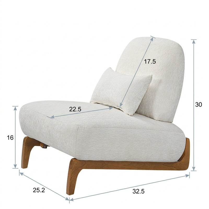 Modern Armless Accent Chair with Curved Wood Base, Linen Upholstered Slipper Chair with Lumbar Pillow, High-Back Lounge Chair for Living Room, Bedroom & Reading Nook, Cream White