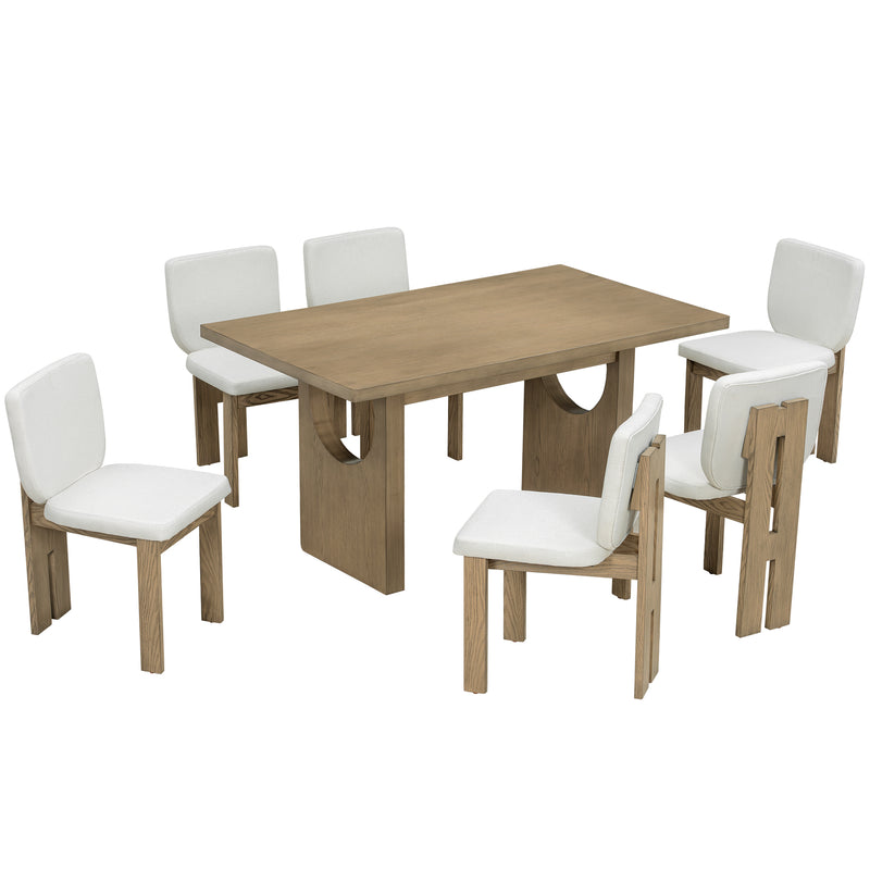 TREXM 7-Piece Retro Dining Table Set for 6, 60' Wood Dining Table Set for 6 with Upholstered Chairs and Designed Trestle Base for kitchen & Dining Room (Natural Wood Wash)