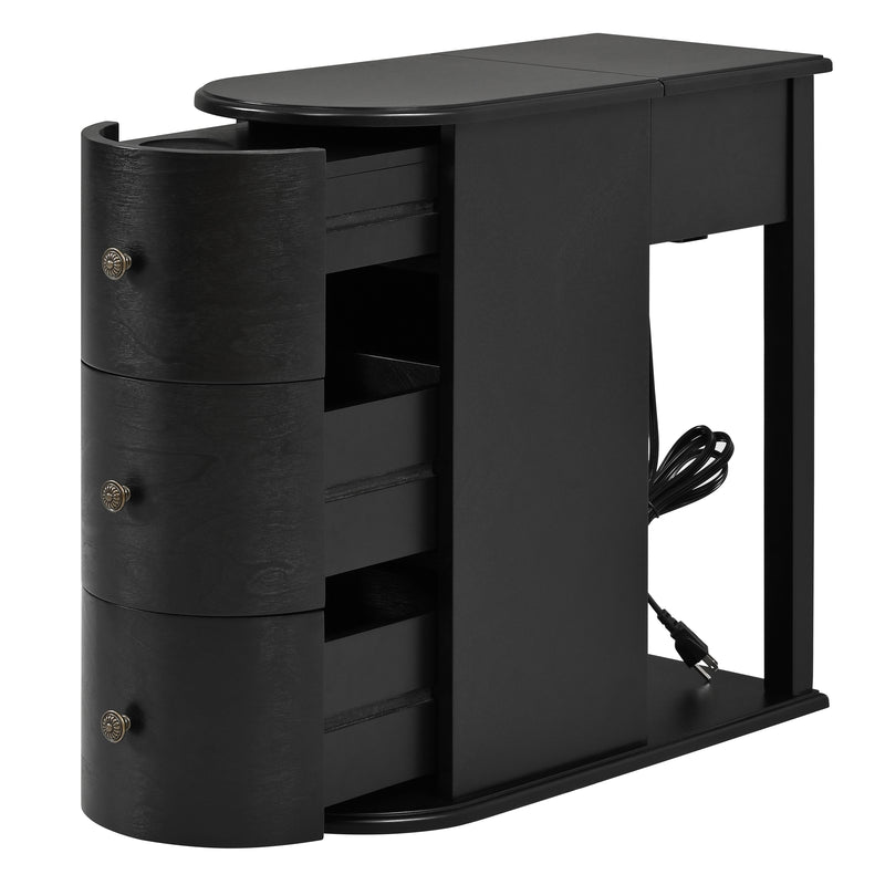 Modern End Table with Hidden Cup Holder Drawer, Charging Station & Pull-Out Side Table, Wooden Bedside Table with 2 Storage Drawers, Space Saving End Table for Bedroom & Living Room