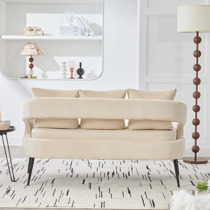 Modern Upholstered Velvet Open Back Loveseat Settee with 3 Pillows, Beige, Metal Legs, 53.7'