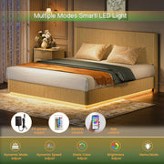King Size Bed Frame with LED Lights, Modern Wooden Corrugated Curved Lines, Convex Groove Board Design, Oak.