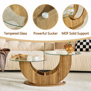 Creative U-Shaped Double-Tier Glass Coffee Table with Wood-Grain MDF Base: A Modern, Minimalist Living Room Side Table with Adjustable Height.