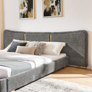 Queen Size Extra Large Platform Bed, Soft Chenille Fabric Frame, Curved Headboard, Reinforced Electroplated Metal Legs, Flexible DIY Side Space Design-Dark Gray
