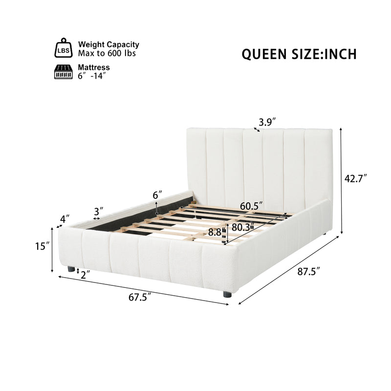 Queen Size Upholstered Bed Frame With Boucle Fabric And Thick Headboard, Off white