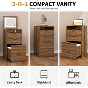 3 in 1 Vanity Desk with 3 Drawers and Rolling Stool, Compact Vanity with Flip Top Mirror and Lights, Modern Small Makeup Vanity Table (Walnut Color)