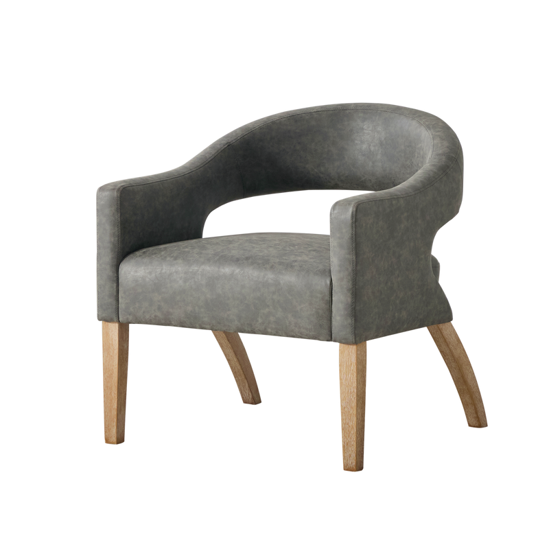 Modern Mid-Century PU Upholstered Open Back Armchair with Weathered Rubberwood Legs, Gray, for Living Room Bedroom Dining Room Cafes