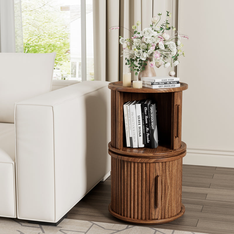4Piece Round Coffee Table Set, Modern Nesting Side Tables with Sliding Door Storage, Walnut Finish Sofa End Table & Bedside Nightstand for Living Room & Bedroom, Fluted Roman Column Design Accent Tab