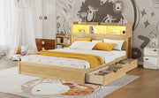 Queen Size Bed with Drawers, Wood Queen Bed with Storage Headboard and Pull Out Storage Cabinet, Wood Bed with Light and Socket,Natural(Expect Arrival Date 2626/7/30)