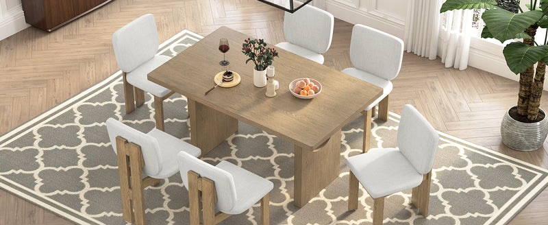 TREXM 7-Piece Retro Dining Table Set for 6, 60' Wood Dining Table Set for 6 with Upholstered Chairs and Designed Trestle Base for kitchen & Dining Room (Natural Wood Wash)