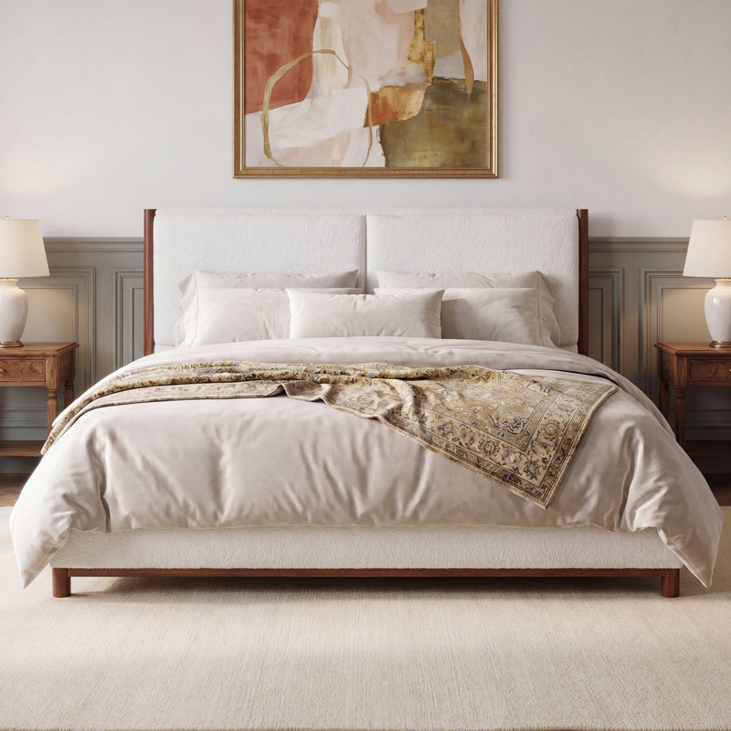 Queen Size Upholstered Bed Frame, Walnut Wood Trim with White Fabric, Plywood & Rubber Wood Construction, 600 LBS Weight Capacity, Fits 8'-10' Mattress, No Box Spring Needed
