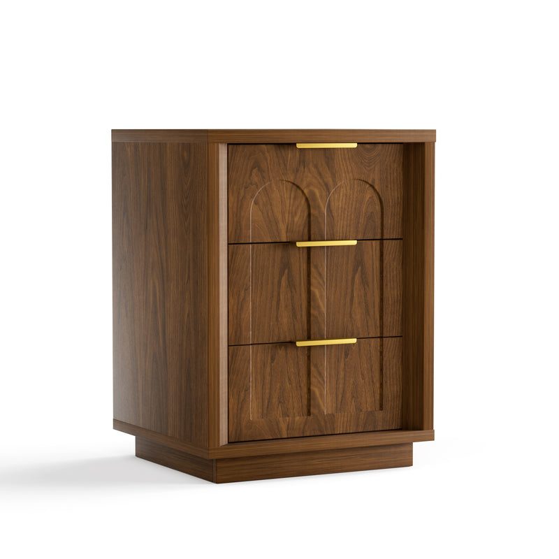 Two-piece nightstand set with arched grooves, large side table with three drawers, spacious storage side table with metal handles, suitable for bedrooms, living rooms, and offices, Walnut