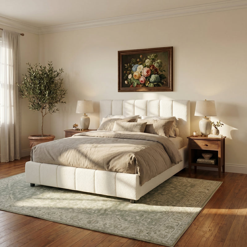 Queen Size Upholstered Bed Frame With Boucle Fabric And Thick Headboard, Off white