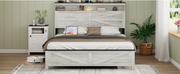 Fully floating bed frame with LED lights and charging station cushion platform bed frame, large bed, with headboard and hidden storage space, no need for box springs, Antique White+Gray