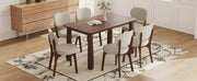 63' Solid Wood Dining Table Set with 6 Upholstered Chairs, Farmhouse Dinner Table Set of 7 Piece with Walnut Finish & Beige Chenille Seats, Heavy-Duty Support up to 1000 lbs, Easy Assembly