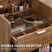 3 in 1 Vanity Desk with 3 Drawers and Rolling Stool, Compact Vanity with Flip Top Mirror and Lights, Modern Small Makeup Vanity Table (Walnut Color)