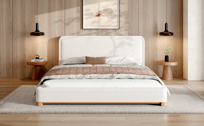 Queen Size Bed Frame with Boucle Upholstered Curved Headboard, Solid Wood Base, White