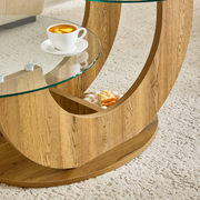 Creative U-Shaped Double-Tier Glass Coffee Table with Wood-Grain MDF Base: A Modern, Minimalist Living Room Side Table with Adjustable Height.