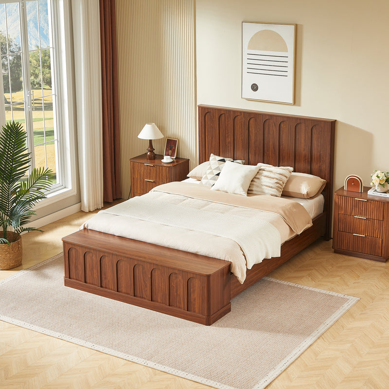 Queen Size Bed Frame with Storage, Mid-Century Modern Wood Platform Bed with Footboard Bench, Arched Panel Design, No Box Spring Needed, Walnut.
