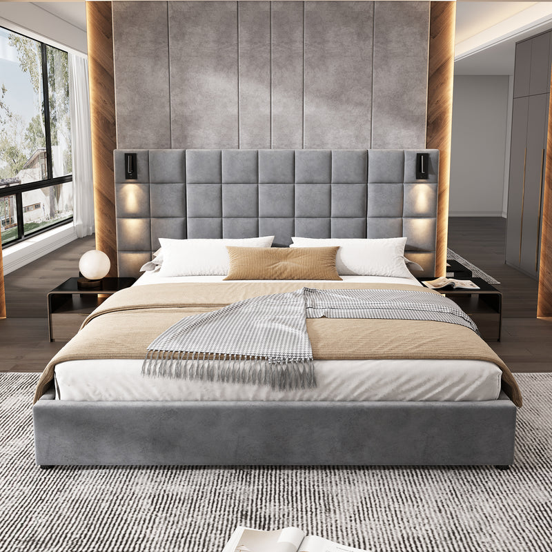 King Size Upholstered Bed Frame,With Wall Sconce And USB Port, Wide Headboard, Velvet, Gray