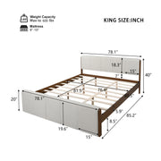 King Size Upholstered Bed Frame, Walnut Wood Trim with Grey Fabric, Pine Wood with MDF, 600 LBS Weight Capacity, Fits 8'-10' Mattress, No Box Spring Needed