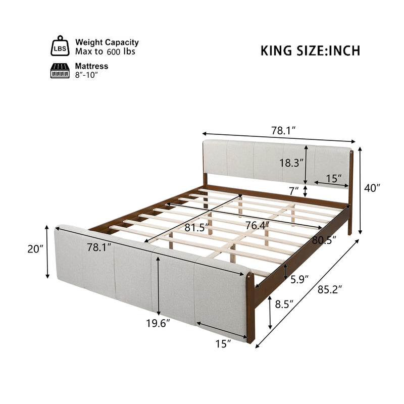 King Size Upholstered Bed Frame, Walnut Wood Trim with Grey Fabric, Pine Wood with MDF, 600 LBS Weight Capacity, Fits 8'-10' Mattress, No Box Spring Needed