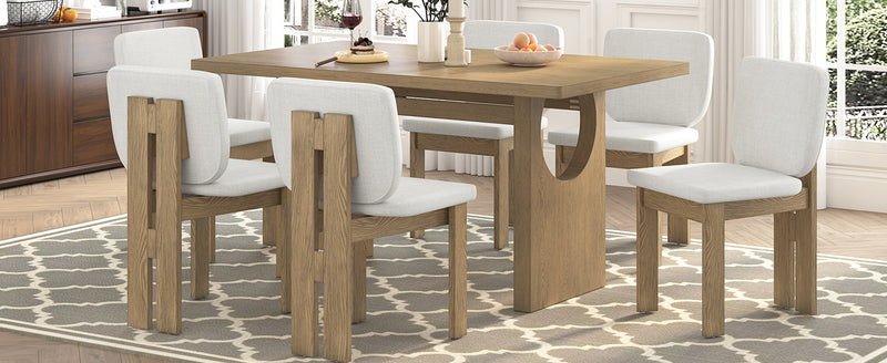 TREXM 7-Piece Retro Dining Table Set for 6, 60' Wood Dining Table Set for 6 with Upholstered Chairs and Designed Trestle Base for kitchen & Dining Room (Natural Wood Wash)