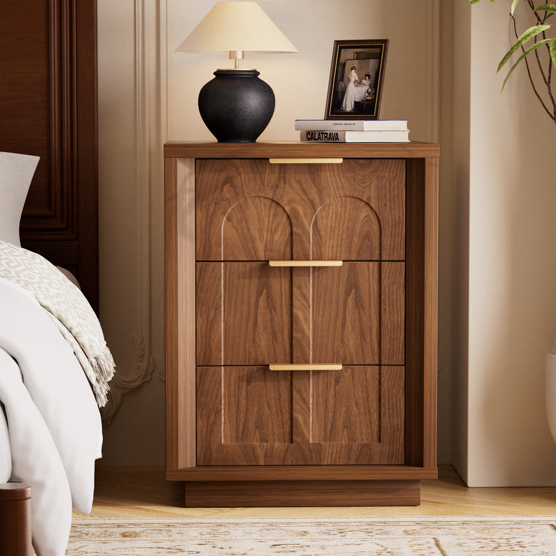 Two-piece nightstand set with arched grooves, large side table with three drawers, spacious storage side table with metal handles, suitable for bedrooms, living rooms, and offices, Walnut
