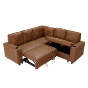 Foil Fabric upholstered L-Shape Sectional Sofa Bed with Pull Out Sleeper and Storage, Convertible Corner Couch with Cup Holders & Side Pockets for Living Room