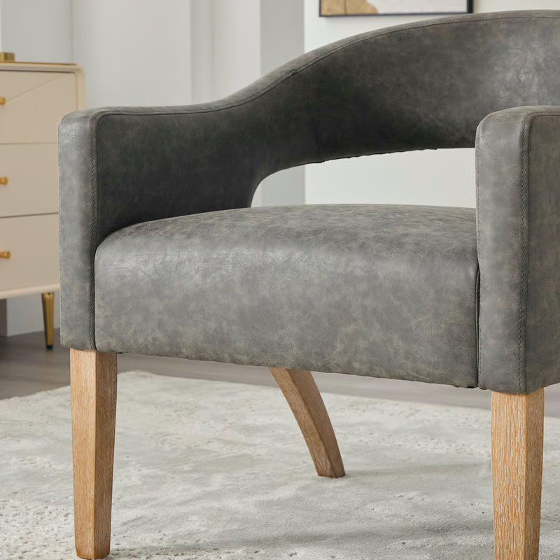 Modern Mid-Century PU Upholstered Open Back Armchair with Weathered Rubberwood Legs, Gray, for Living Room Bedroom Dining Room Cafes