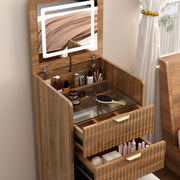 3 in 1 Vanity Desk with 3 Drawers and Rolling Stool, Compact Vanity with Flip Top Mirror and Lights, Modern Small Makeup Vanity Table (Walnut Color)