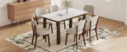 63' Sintered Stone Dining Table Set with 6 Upholstered Chairs, Farmhouse Dinner Table Set of 7 Piece with White Stone Top & Solid Wood Walnut Frame, Beige Chenille Seats, Heavy-Duty Support up to 1000