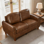 Classic Living Room Sofa Loveseat Faux Leather Couch,Rolled Arm Sofa with Nails,Solid Wood Legs,Upholstered Breathable PU Leather Brown.