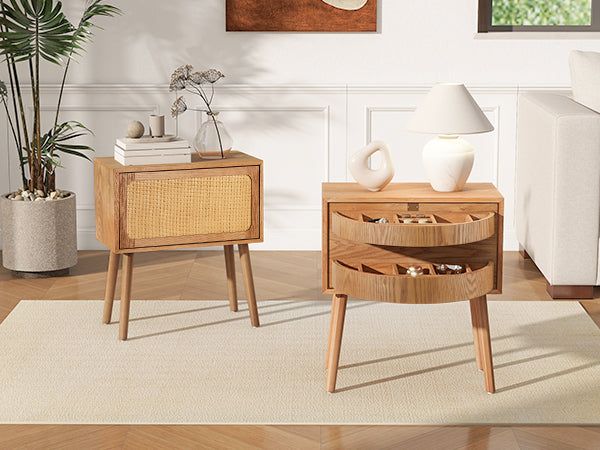 Rotating Hidden Compartment Nightstands, Mid Century Modern Concealment Furniture, Rattan Bed Side Table, Compartment End Table with Wood Legs, Bedside Tables for Bedroom, Living Room, Dorm, Natural