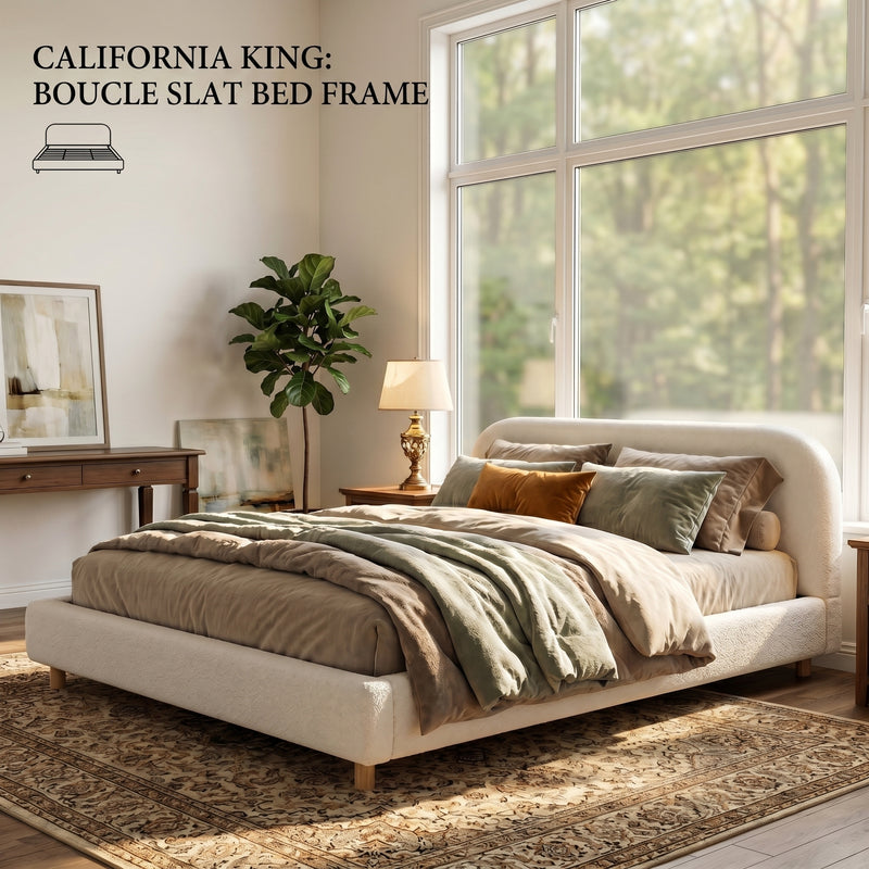 California King Size Upholstered Bed With Boucle Fabric,Curved-Shape Design Thick Headboard, Solid Wood Legs,White (old sku N757P411871K)