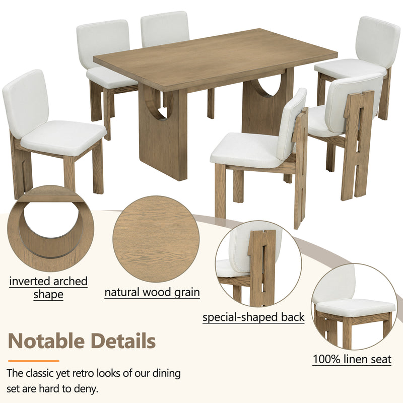TREXM 7-Piece Retro Dining Table Set for 6, 60' Wood Dining Table Set for 6 with Upholstered Chairs and Designed Trestle Base for kitchen & Dining Room (Natural Wood Wash)