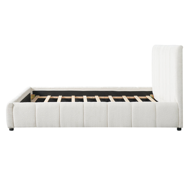 Queen Size Upholstered Bed Frame With Boucle Fabric And Thick Headboard, Off white