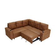 Foil Fabric upholstered L-Shape Sectional Sofa Bed with Pull Out Sleeper and Storage, Convertible Corner Couch with Cup Holders & Side Pockets for Living Room